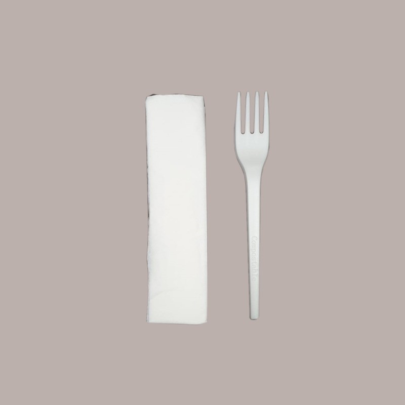 50 Pz Forchetta PLA + Tovagliolo Posate Bio Eco Imbustato Singolo [e6695080]