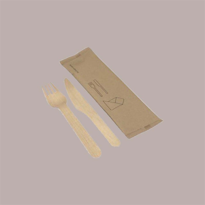 50 Bis Imbustato Monouso Forchetta e Coltello in Legno + Tovagliolo [5b91bf89]