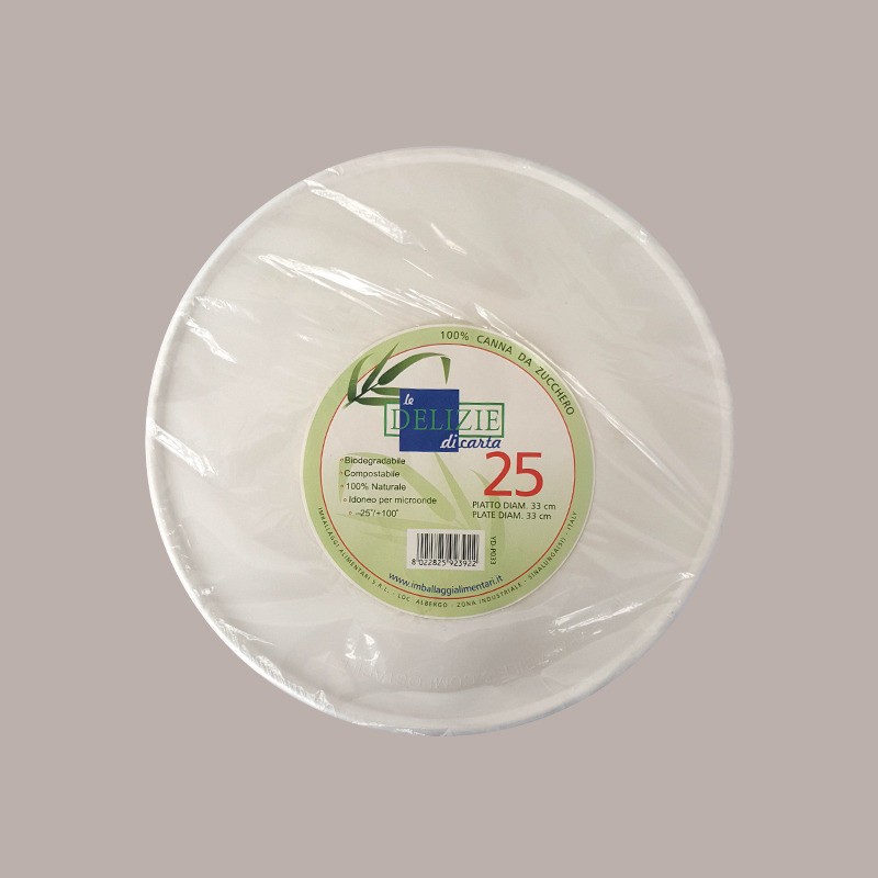 25 Pezzi Piatto Bio Eco Pizza Dm33 in Carta Polpa Pura Cellulosa [eed8ae56]