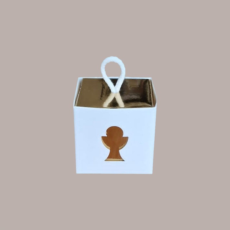 20 Pz Scatolina in Carta Bianca con Interno Oro con Cordino Grafica Calice Ideale per Contenere Confetti 50x50x50 mm [7de43de2]