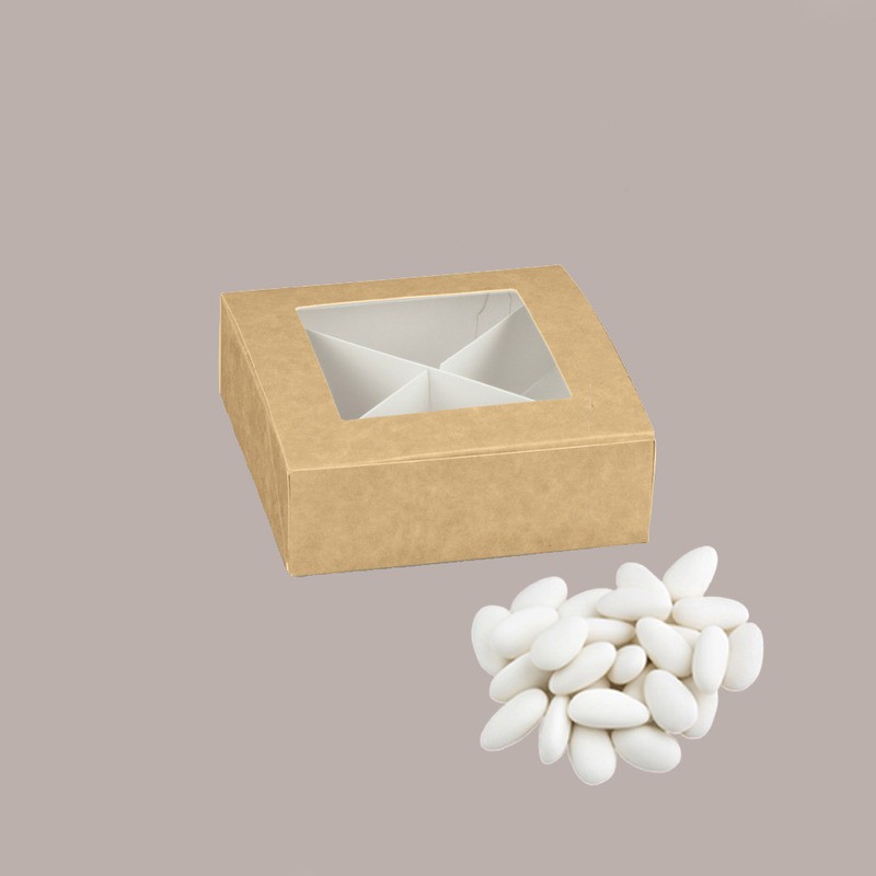 20 Pz Piccola Scatola con Finestra e Separatore Ideale per Confetti Carta Avana Nature Pratica 100x100H40 mm [5ef8e49e]