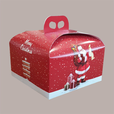 Scatola Porta Panettone Basso 1 Kg in Cartoncino Rosso con Grafica Babbo Natale 245x245H130 mm Confezione 10 Pz [cc42080c]
