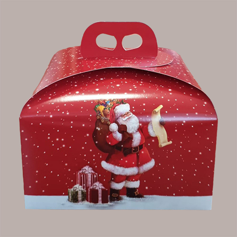 Scatola Porta Panettone Basso 1 Kg in Cartoncino Rosso con Grafica Babbo Natale 245x245H130 mm Confezione 10 Pz [15644b01]