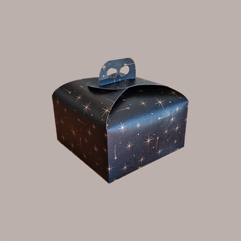 Scatola per Confezione Regalo Porta Panettone Basso da 1 Kg in Cartoncino Nero grafica Stelle 245x245H130mm 10 pezzi [2010b717]