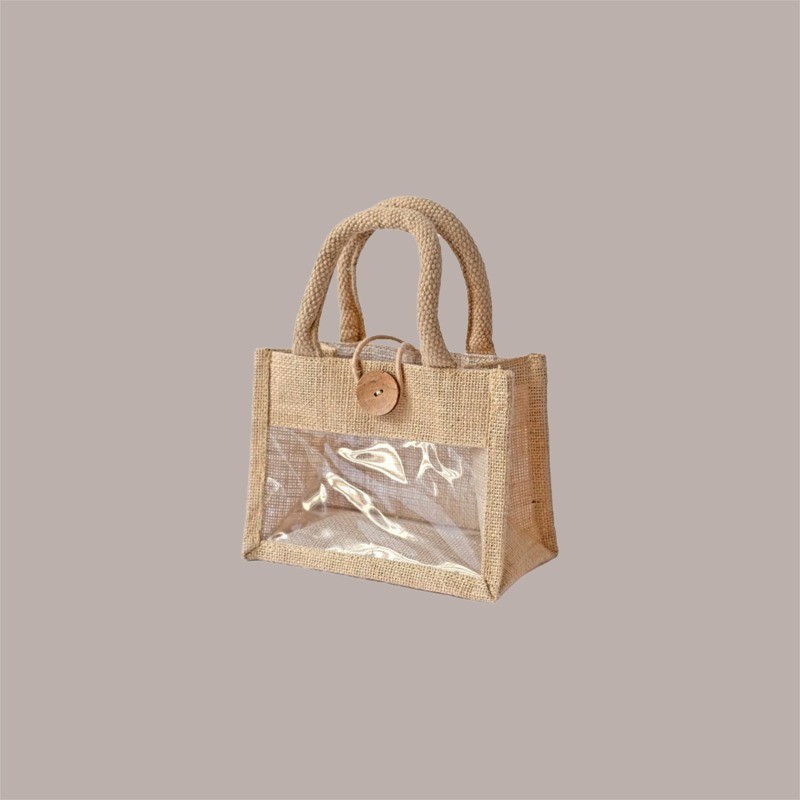 Shopper Busta Juta con Vetrina in PVC e Chiusura con Bottone il Legno 18+10xH13 cm 5 Pz [e0502d48]