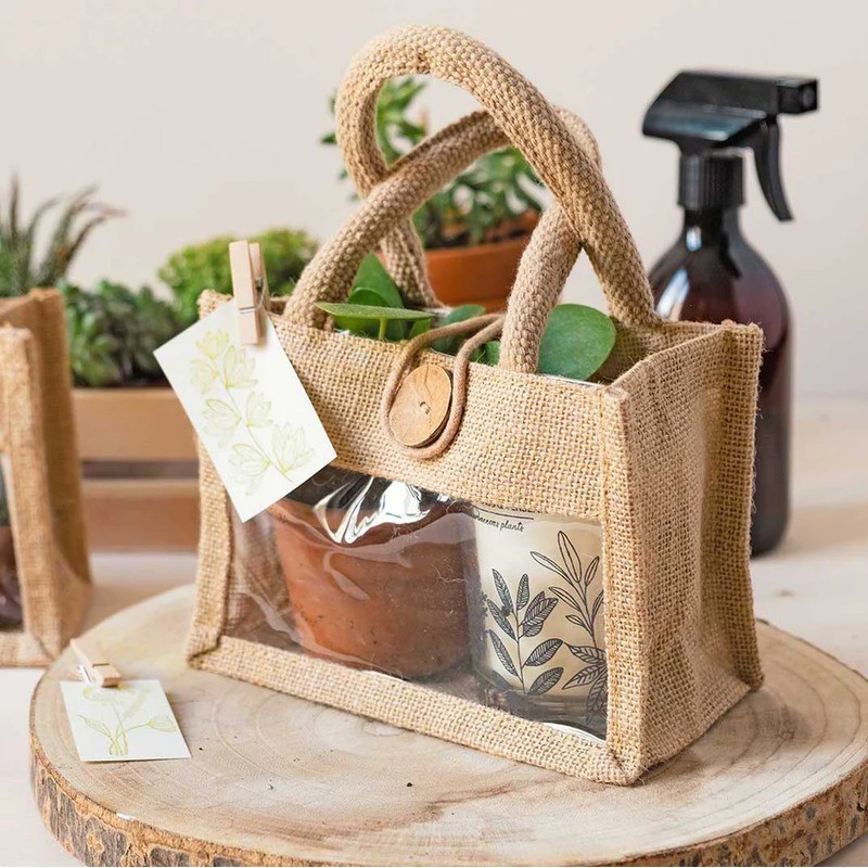 Shopper Busta Juta con Vetrina in PVC e Chiusura con Bottone il Legno 18+10xH13 cm 5 Pz [8b3be85f]