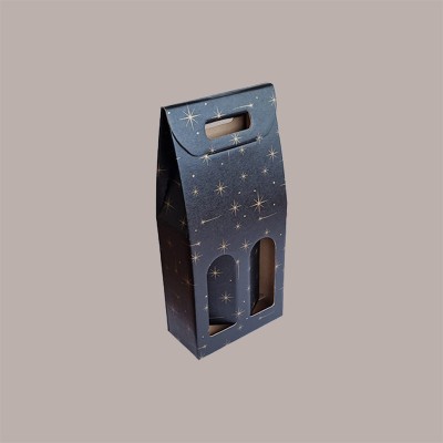 Scatola Confezione Regalo Porta 2 Bottiglie Olio Vino 750 ml in Carta Nero Grafica Stelle Oro 180x90H385mm 10 Pezzi [0c77eb0b]
