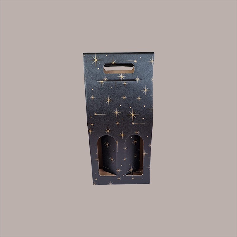 Scatola Confezione Regalo Porta 2 Bottiglie Olio Vino 750 ml in Carta Nero Grafica Stelle Oro 180x90H385mm 10 Pezzi [624c6902]