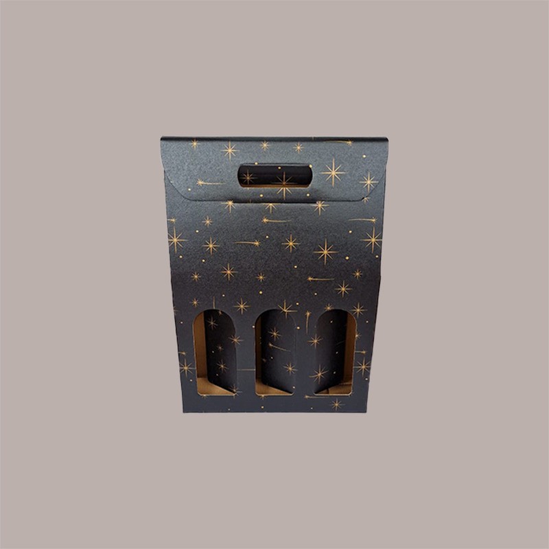 10 Pz Scatola Astuccio Porta 3 Bottiglie 750 ml Olio Vino in Cartoncino Nero grafica Stelle Oro 270x90H385mm [94896b8d]