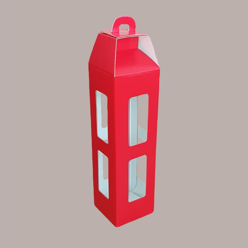 Scatola Astuccio Porta 1 Bottiglia 750 ml Olio Vino Cartoncino Rosso grafica effetto pelle a forma Lanterna 90x90H350 [aca9ce6f]