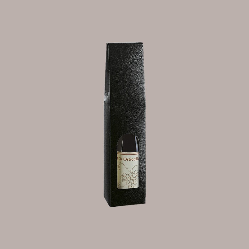 Scatola Astuccio Porta 1 Bottiglia 750 ml Olio Vino Cartoncino Nero grafica effetto pelle con Finestra 90x90H370mm 20 [c319a6c2]