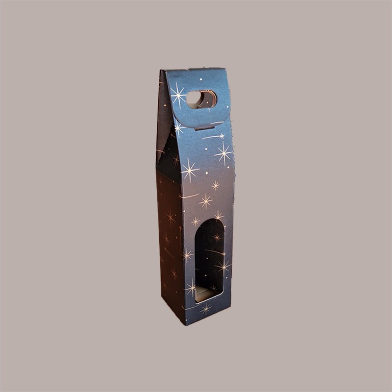 Scatola Astuccio Porta 1 Bottiglia 750 ml Olio Vino in Cartoncino Nero grafica stelle oro con finestra 90x90H385mm 10 [a3934337]
