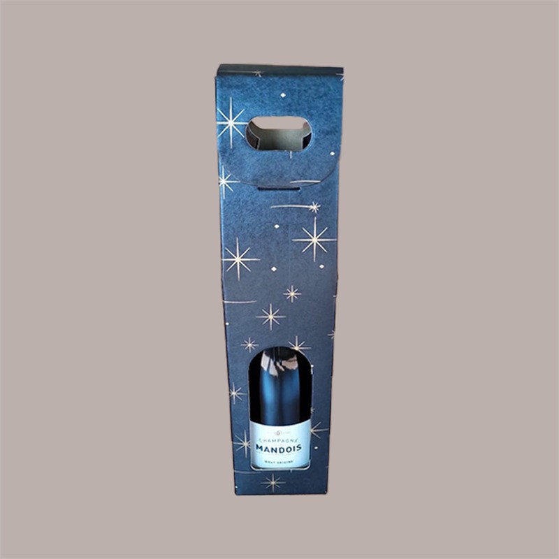 10 Pz Scatola Astuccio Porta 1 Bottiglia 750 ml Olio Vino in Cartoncino Nero grafica stelle oro con finestra 90x90H38 [7ab5003a]