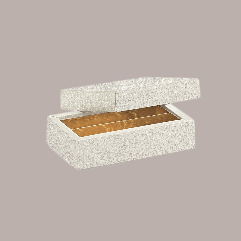 10 Pz Scatola Porta Cioccolatini Inserto Oro Pelle Bianca 145x75H35 mm [b4feffea]