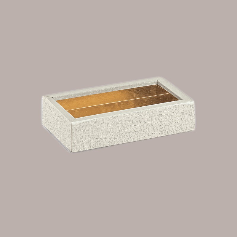 10 Pz Scatola Porta Cioccolatini Inserto Oro Pelle Bianca 145x75H35 mm [97c3463a]