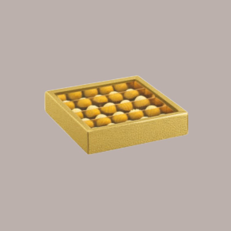 10 Scatola Porta Cioccolatini in Cartoncino Oro con Inserto Oro e Fascia Trasparente 145x145H35mm [55e306de]