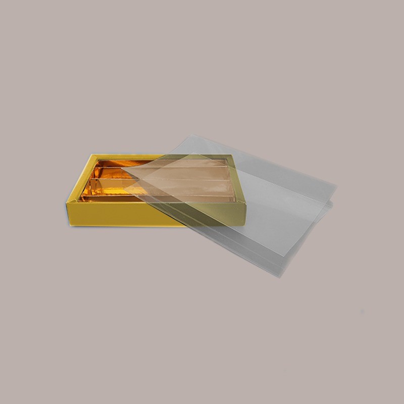 5 Pz Scatola Porta Cioccolatini in Cartoncino Oro con Inserto Oro e Fascia Trasparente 215x145H35 mm [05302cd1]