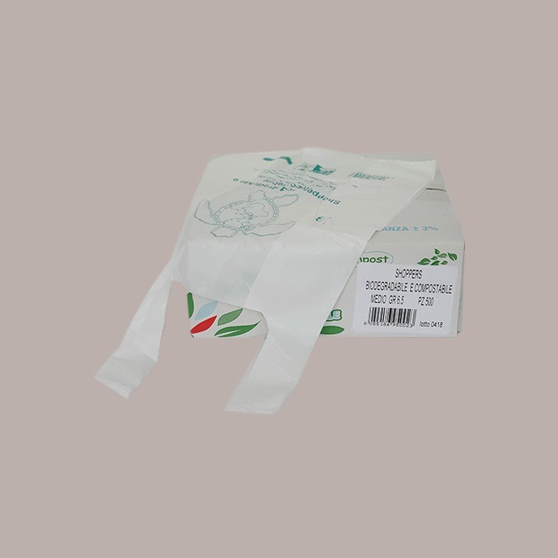 Shopper Bio Medie Monouso Lucgel, 27+7+7H50cm 500 Pezzi, Bianco, Manico a Bretella, 6,5g [b5804751]