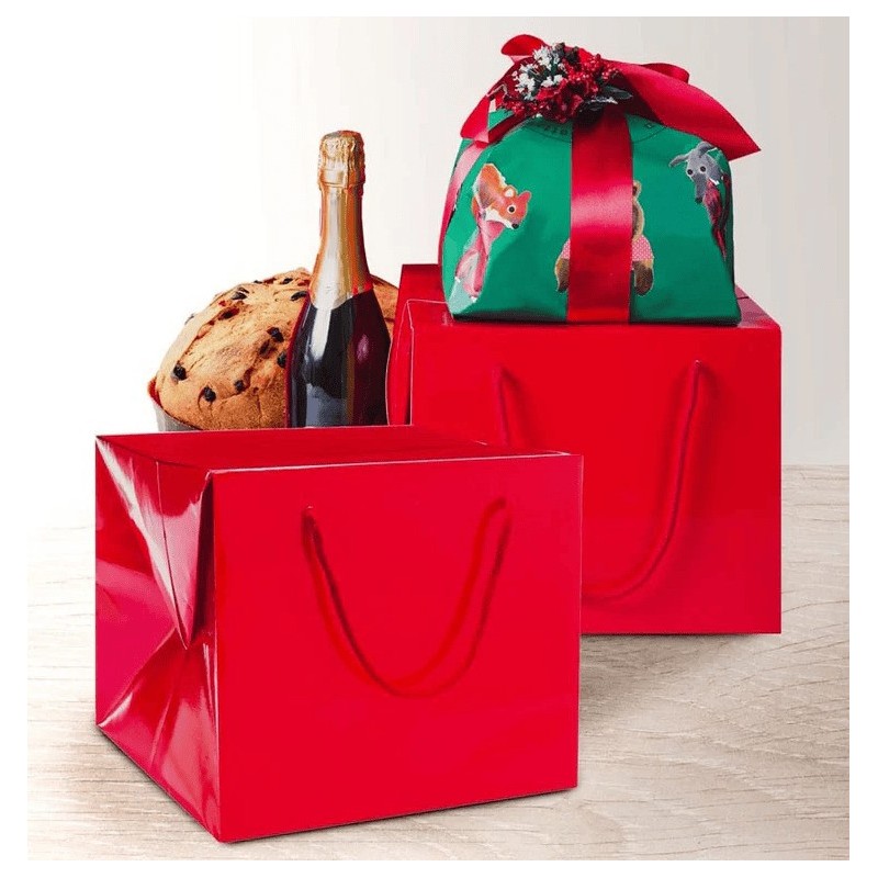 Bag Box Porta Panettone Carta Rosso Lucido con Cordino 24,5+24,5x20 cm 10 pezzi [5b08978c]