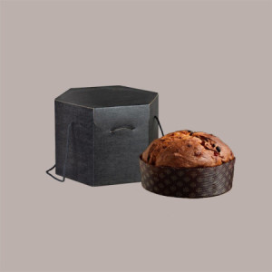 Scatola Segreto Porta Panettone Esagonale Grafica Seta Nero con Cordini 245x245H180 mm 5 pezzi