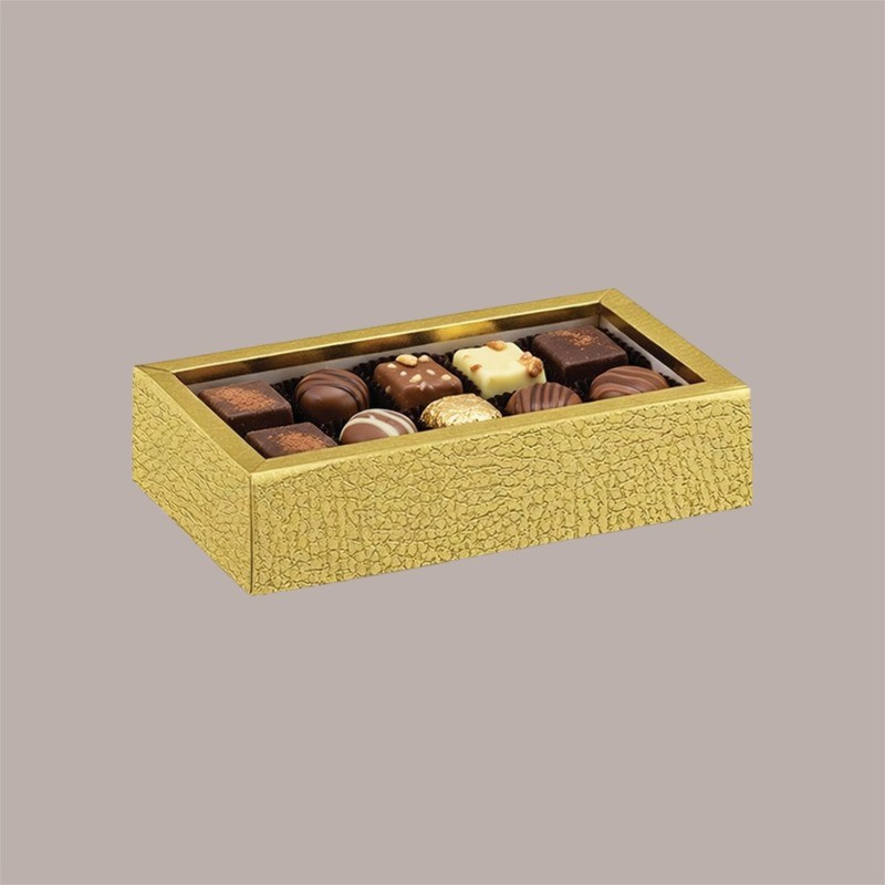 Scatola Porta Cioccolatini e Prodotti Dolciari in Pelle Oro con Fascia 145x75H35 mm 10 Pezzi [86791854]