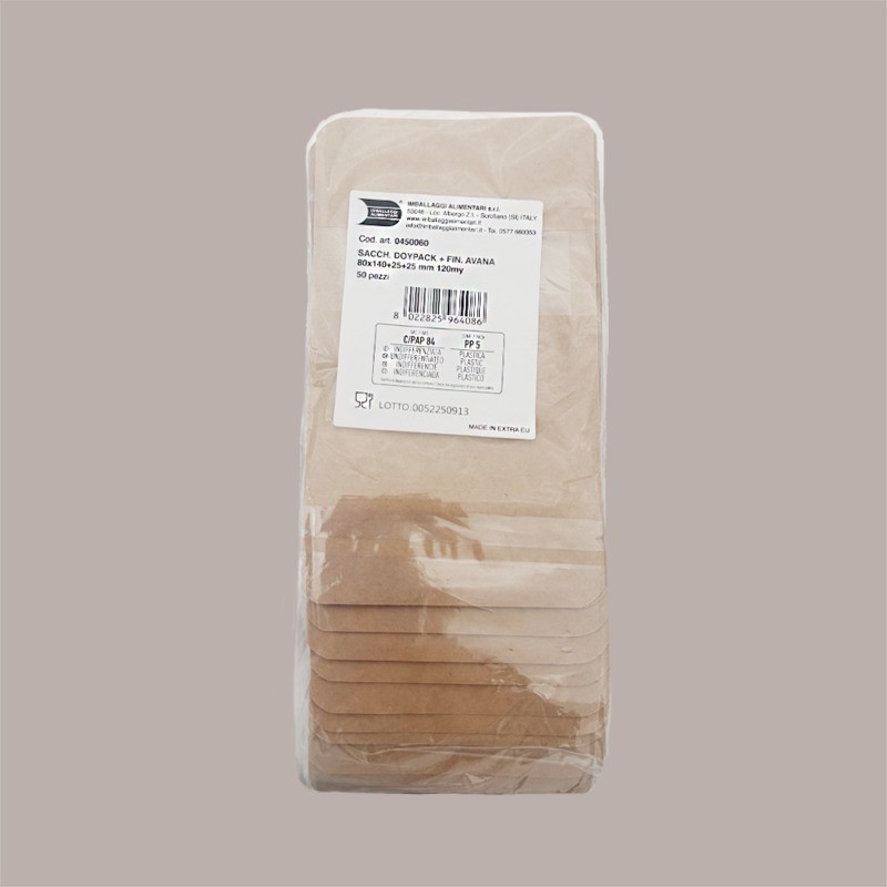 Sacchetto in Carta Avana Doypack con Finestra 80x140+25+25 mm 2 x 50 Pezzi [649f54b5]