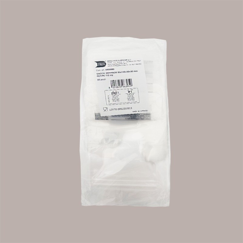 Sacchetto in PET Trasparente Doypack 85x145+30+30 mm 2 x 50 Pezzi [9f6a28d0]