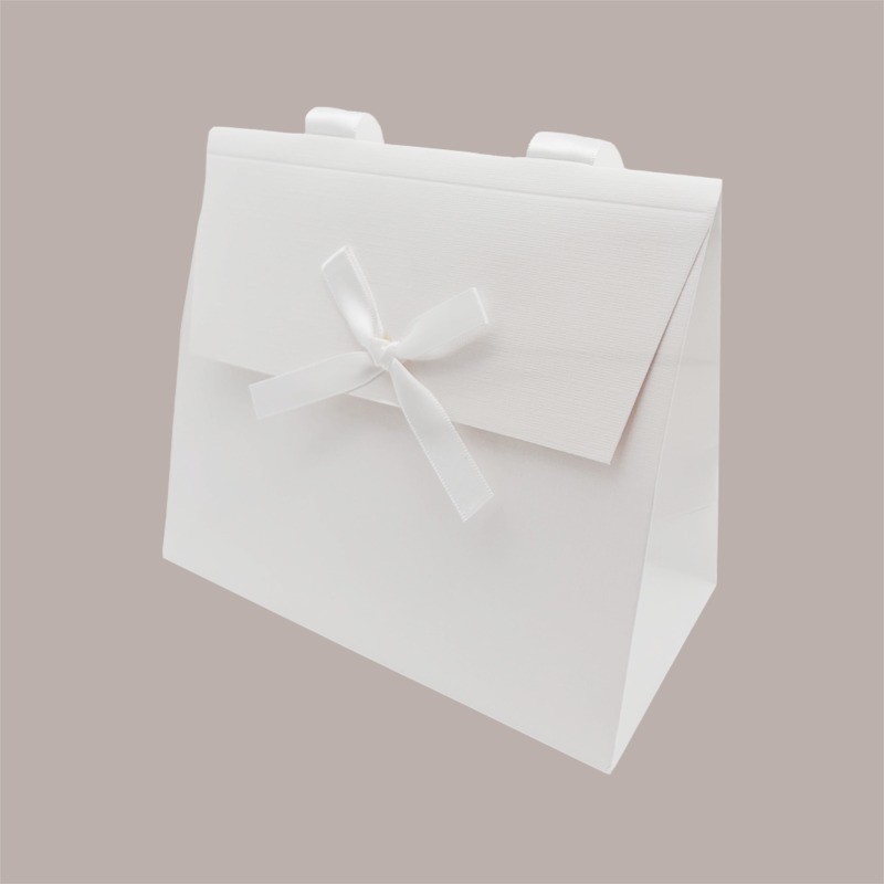 Borsa Carta Chiusura Velcro Bianco con nastro in raso 16+8x14 cm 10 Pezzi [490d3353]
