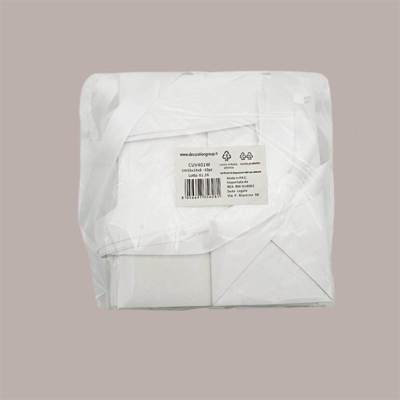 Borsa Carta Chiusura Velcro Bianco con nastro in raso 16+8x14 cm 10 Pezzi [fb40b549]