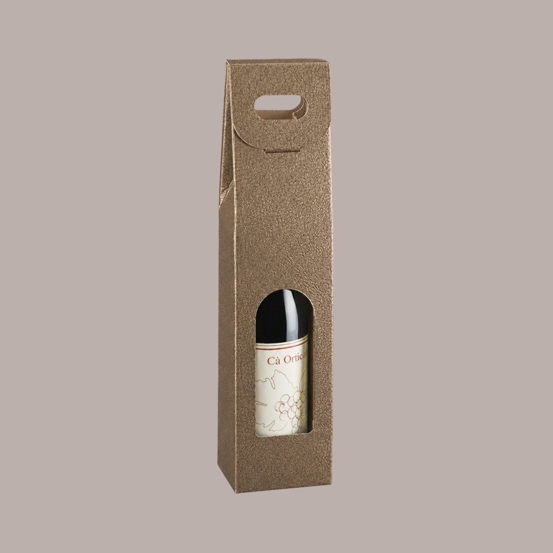 20 Pz Scatola Astuccio Porta 1 Bottiglia 750 ml Olio Vino Cartoncino Marrone grafica effetto pelle con Finestra 90x90 [5c36fca7]