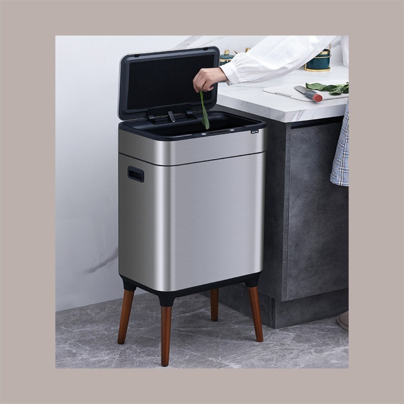 Cestino Pattumiera Automatica Doppia con Sensore 26 Lt Acciaio Inox, Ozono e Gambe in Legno [58b29e2c]