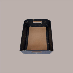 Cesto per Confezioni Regalo Natalizie in Cartoncino Nero grafica Stelle Oro Rettangolare Medio 350x260H70mm 10 Pz