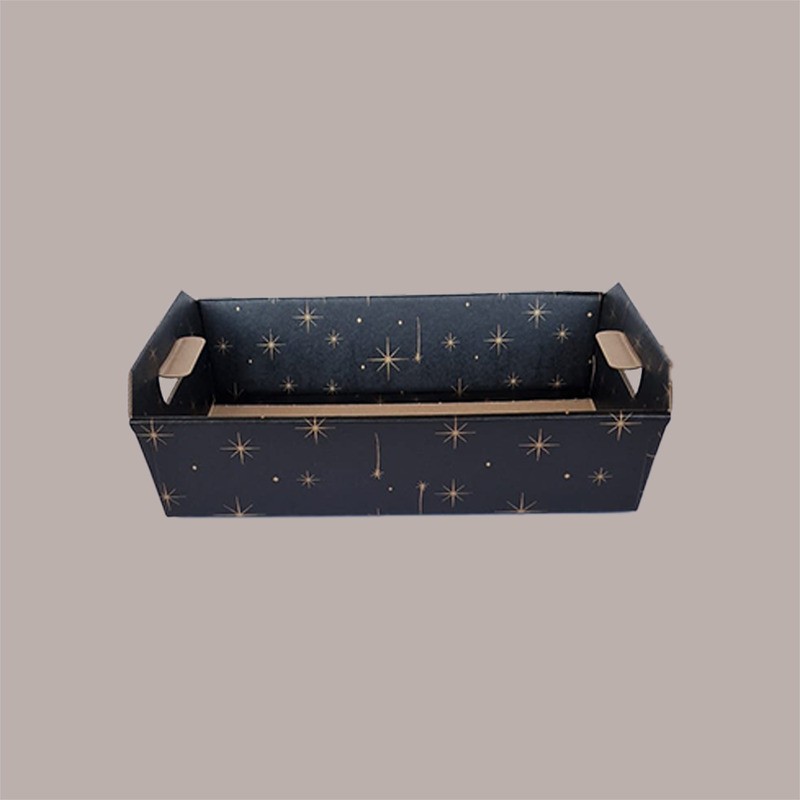 Cesto per Confezioni Regalo Natalizie in Cartoncino Nero grafica Stelle Oro Rettangolare Medio 350x260H70mm 10 Pz [a0507eef]