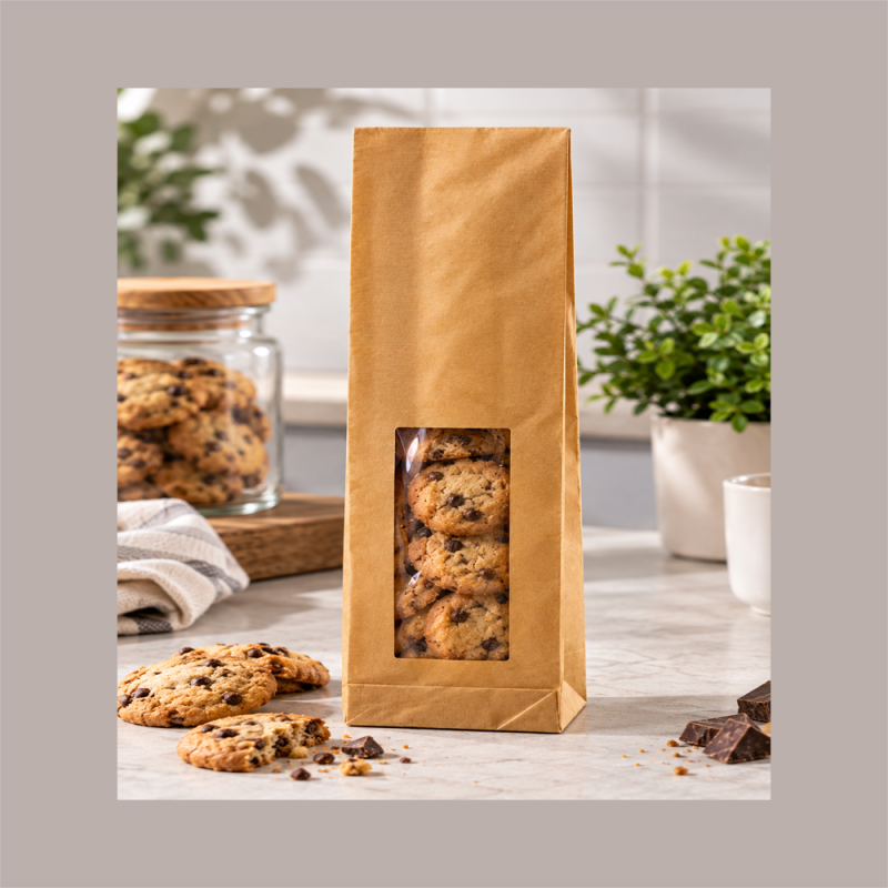 50 Pz Sacchetti Carta Kraft Avana Politenati Antigrasso con Finestra 8+5H28cm