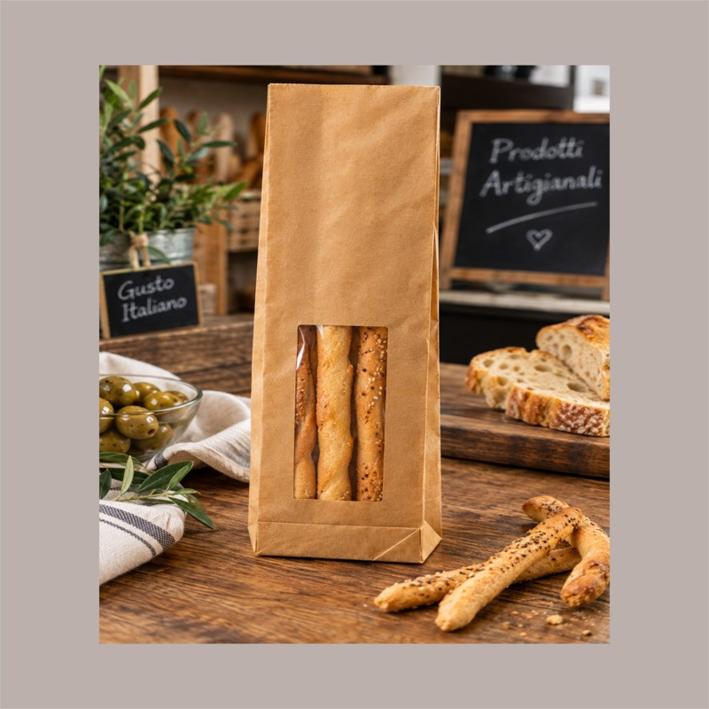 Sacchetti Carta Kraft Avana Politenati Antigrasso con Finestra 10+6H30cm 50 Pz [b8f1b0d1]