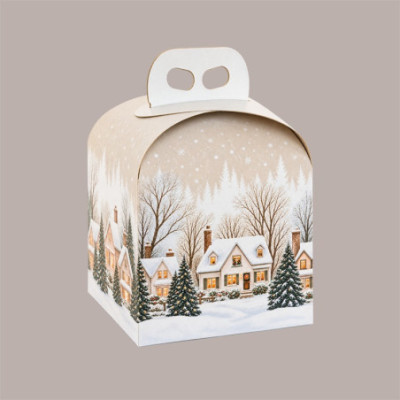 Scatola Porta Panettone Christmas Village in Cartone con Maniglia 200x200xH180 mm 10 Pz [3a45f8a8]