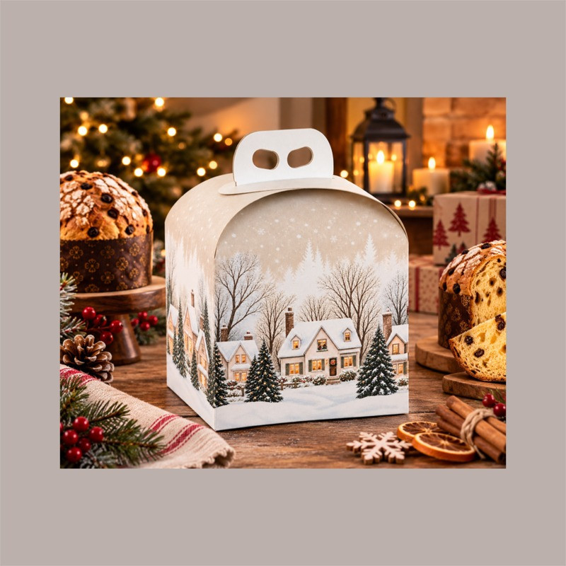 Scatola Porta Panettone Christmas Village in Cartone con Maniglia 200x200xH180 mm 10 Pz [e363bba5]