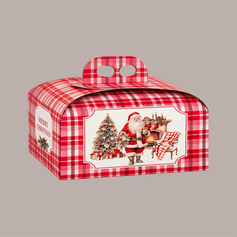 Scatola Porta Panettone Basso 1 Kg in Cartoncino Rosso con Grafica Babbo Natale 245x245H130 mm Confezione 10 Pz [d3c9e1b4]