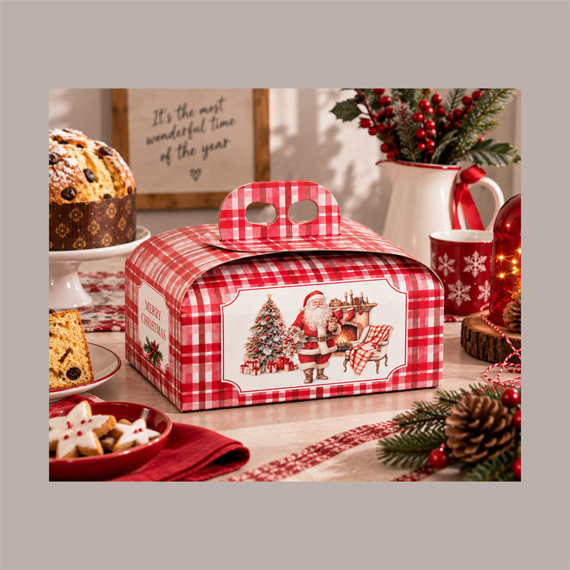 Scatola Porta Panettone Basso 1 Kg in Cartoncino Rosso con Grafica Babbo Natale 245x245H130 mm Confezione 10 Pz [bdf263bd]