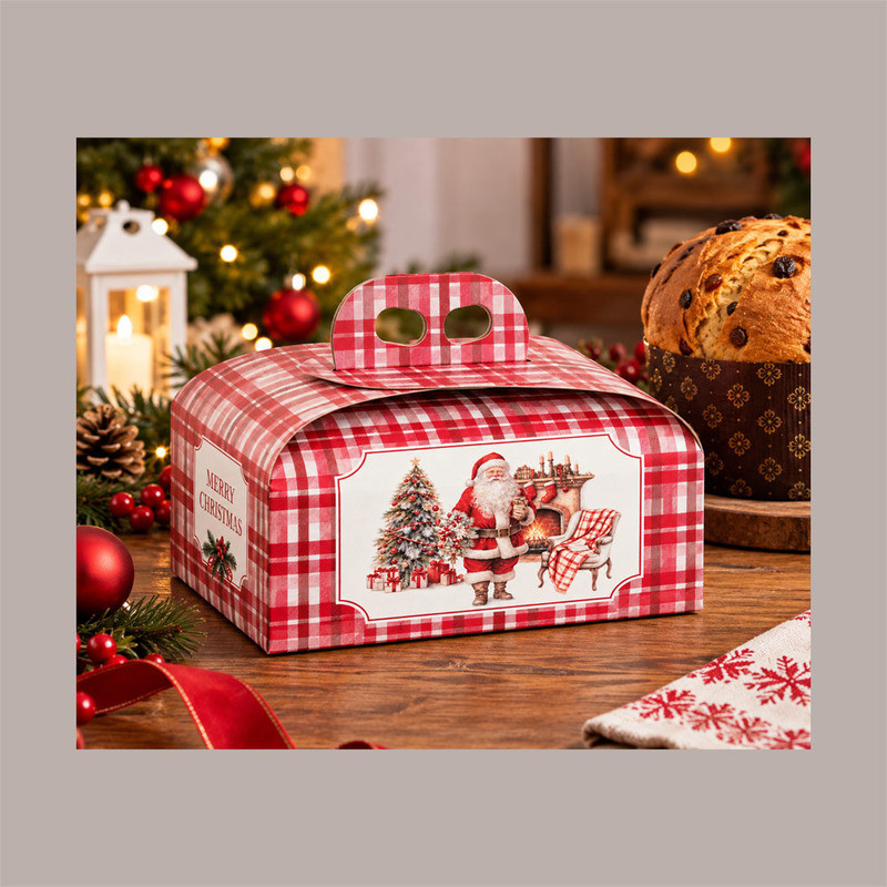 Scatola Porta Panettone Basso 1 Kg in Cartoncino Rosso con Grafica Babbo Natale 245x245H130 mm Confezione 10 Pz [0aefa2b9]