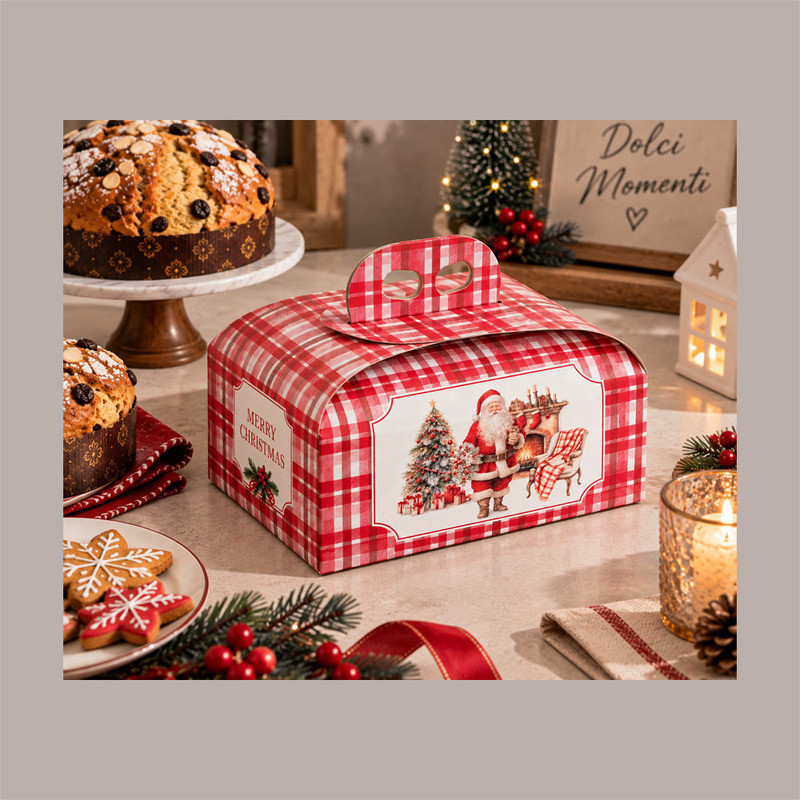 Scatola Porta Panettone Basso 1 Kg in Cartoncino Rosso con Grafica Babbo Natale 245x245H130 mm Confezione 10 Pz [d699a6aa]