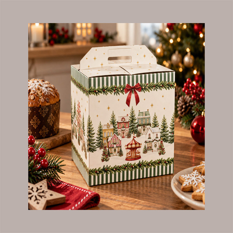Scatola per Confezione Regalo Natale Porta Panettone Bottiglia Valigetta Piccola Cartoncino grafica WINTER FOREST Ver [beacbda1]