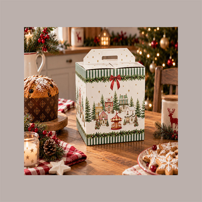 Scatola per Confezione Regalo Natale Porta Panettone Bottiglia Valigetta Piccola Cartoncino grafica WINTER FOREST Ver [09b17ca5]