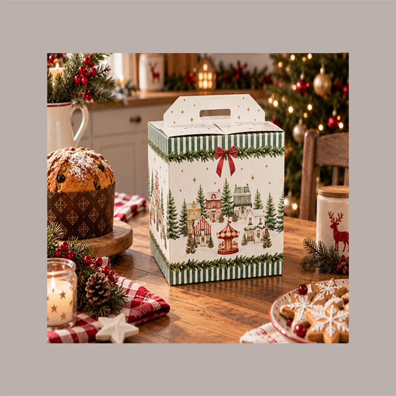 Scatola per Confezione Regalo Natale Porta Panettone Bottiglia Valigetta Piccola Cartoncino grafica WINTER FOREST Ver [09b17ca5]