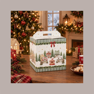 Scatola Porta Panettone Bottiglia Valigetta Natalizia in Cartoncino WINTER FOREST Verde 330x250H350 mm 10 Pz [b3bc61bf]