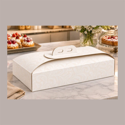 Scatola Porta Torta Rettangolare in Cartoncino Bianco Damascato 15x32xH7 cm 10 pezzi [1a113fab]
