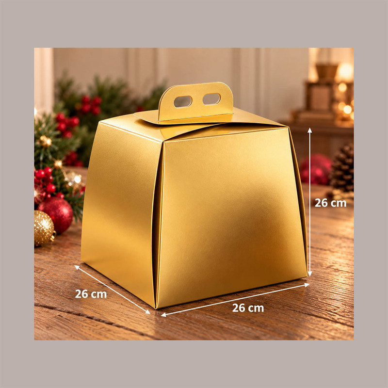 Scatola Porta Pandoro Oro 26x26xH26 cm con Maniglia Confezione Regalo Natalizia 10 Pz [341ee00f]