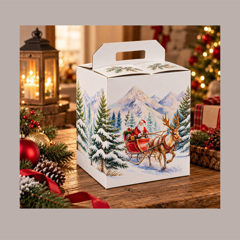 Scatola Porta Panettone Bottiglia Valigetta in Cartoncino grafica PAESAGGIO Natalizio 33x25H35 cm 10 pezzi [86feb48c]