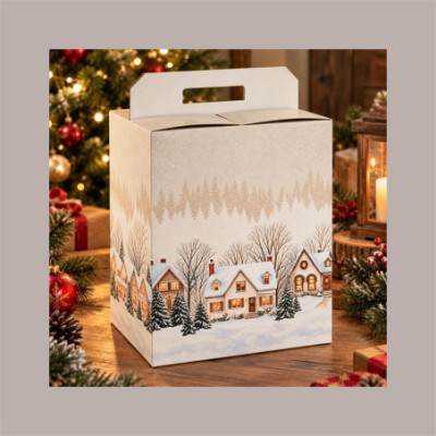 Scatola Porta Panettone Bottiglia Valigetta in Cartoncino grafica CHRISTMAS VILLAGE 33x25H35 cm 10 Pz [e56ad3d1]