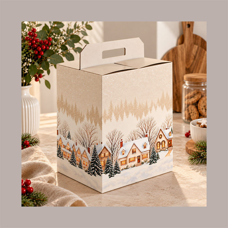Scatola Porta Panettone Bottiglia Valigetta in Cartoncino grafica CHRISTMAS VILLAGE 33x25H35 cm 10 Pz [8b5151d8]